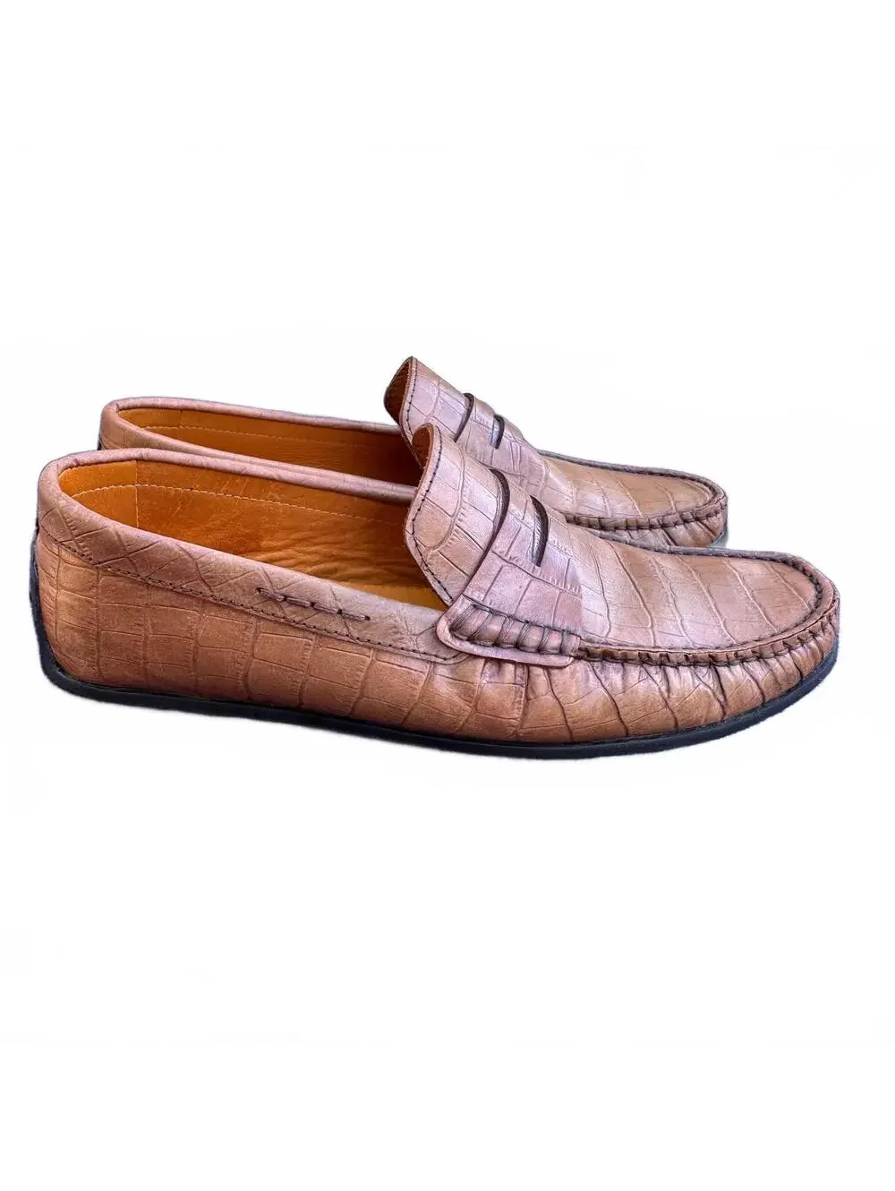 Donald J Pliner Igor Crocodile Embossed Leather Penny Loafers Men's 9.5 M Tan